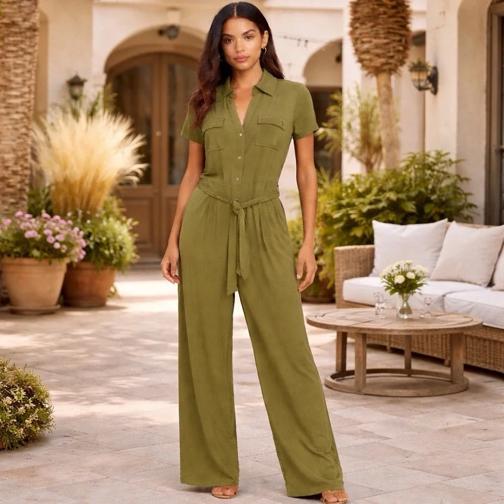 Michael Kors Olive Green Belted Wide Leg One-piece Jumpsuit Snap Front Womens M
